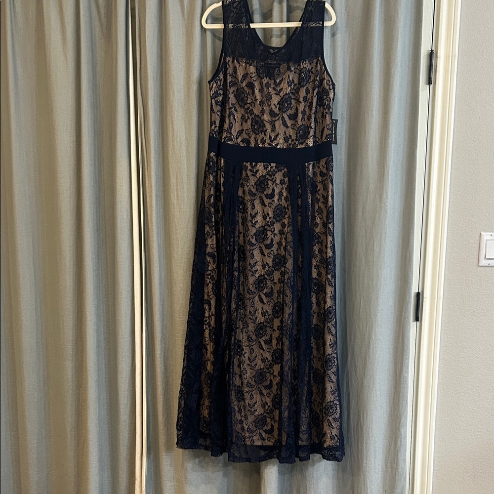 Candalite Women’s Elegant Navy and Beige Floral Midi Dress